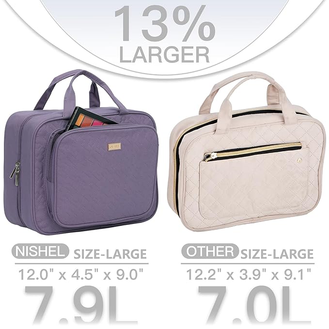 NISHEL Travel Toiletry Bag for Women, Makeup Essentials Organizer, Hanging Case for Accessories, Cosmetics, Large Size, Purple