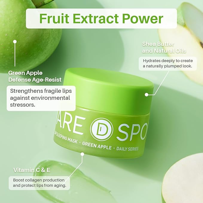 SPODARE Sleeping Lip Mask Green Apple - Repair for Dry Cracked Lips, Infused with Vitamin C and Shea Butter, Lip Mask Nourish and Revitalize Overnight, Wake to Softer, Smoother, Glow Lip - 0.42 Fl Oz