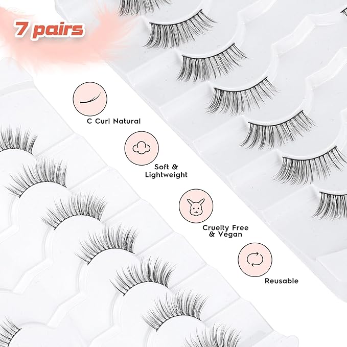 Half Lashes Natural Half Eyelashes Cat Eye 10mm Short Lash Strips C Curl False Eyelashes Corner Lashes Wispy 3/4 Eyelash Extensions Siligli 7 Pack