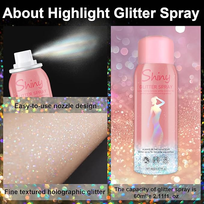Holographic Body Glitter Spray - Silvery Shiny Shimmer for Hair, Face & Clothes | Quick-Drying, Long-Lasting Glitter Hairspray Temporary Shiny Mist for Festival, Rave, Music Concert, Prom Accessories