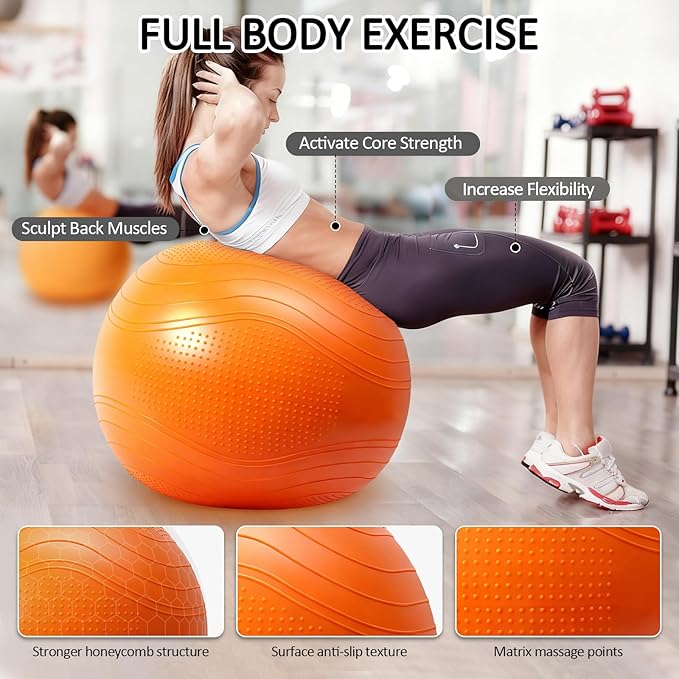 Gruper Yoga Ball, Multiple Sizes Non Slip Exercise Ball for Workout, Birthing, Balance, Stability, Pregnancy, 2200LB Capacity, Anti Burst Chair for Home and Office, Includes Quick Pump & Fitness Guide