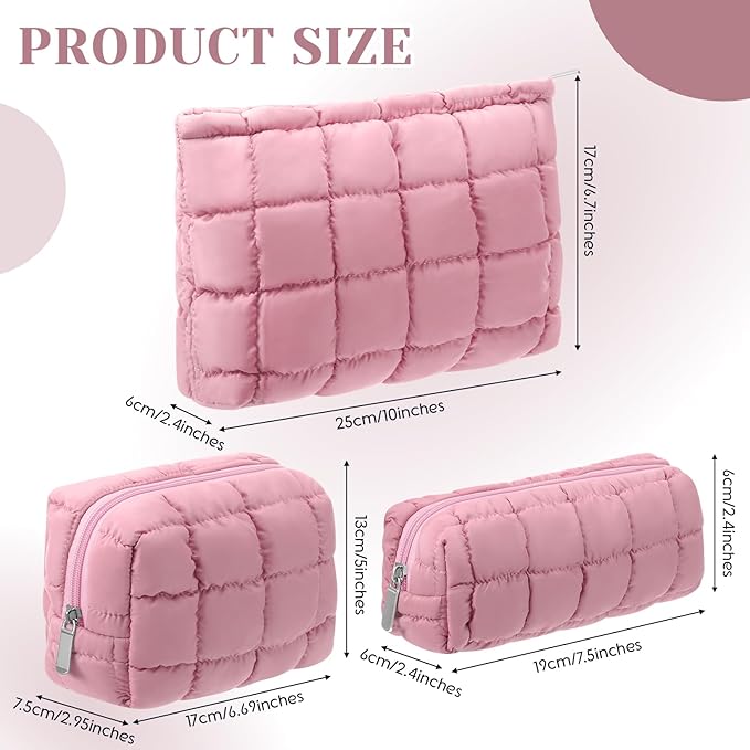 Huhumy 3 Pcs Puffy Makeup Bag Quilted Cosmetic Pouch for Women Cute Checkered Travel Toiletry Bag Puffer Makeup Organizer Purse Pouch Preppy Pencil Case with Zipper