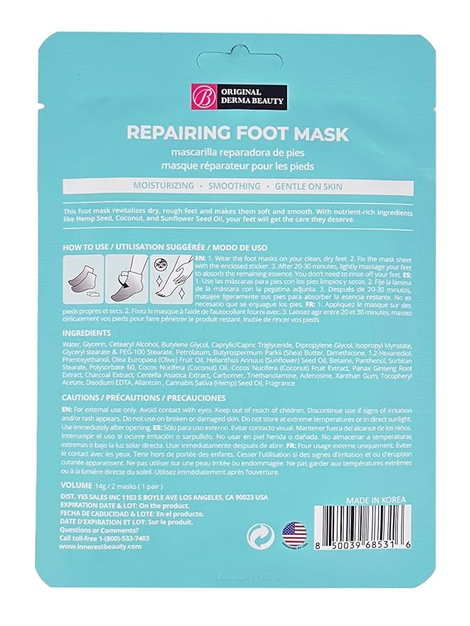 Innerest Original Derma Beauty Foot Mask 6 Pairs Hemp Seed + Charcoal Moisturizing after Exfoliator Callus Remover Bath Pedicure Supplies