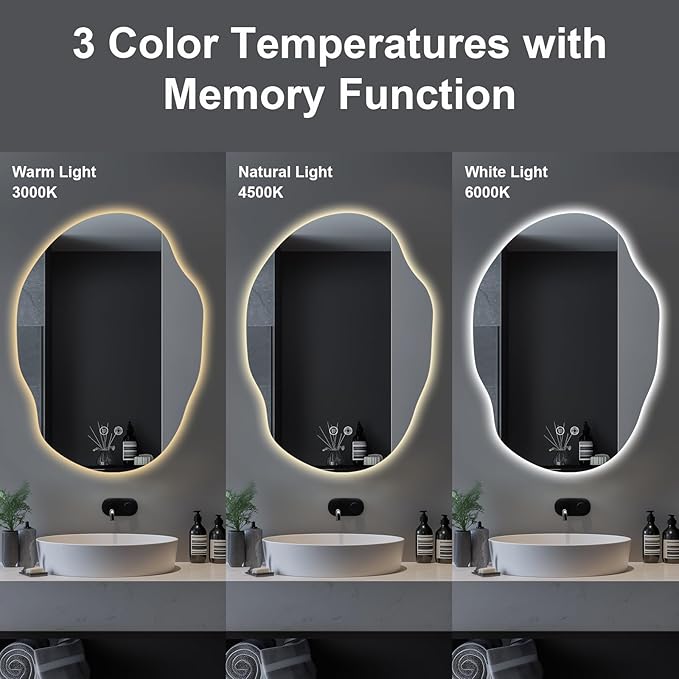 LED Bathroom Mirror with Lights,25x35 in Asymmetrical Led Bathroom Mirror for Wall, Backlit Mirror with Anti-Fog,3 Colors and Dimmable Light,[Horizontal/Vertical]