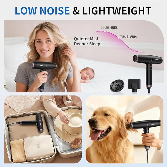 Professional Ionic Hair Dryer with 2 Attachments (Diffuser & Concentrator), High-Speed Blow Dryer for Women Men, Lightweight Quiet Hairdryer for Travel & Home, for All Hair Types