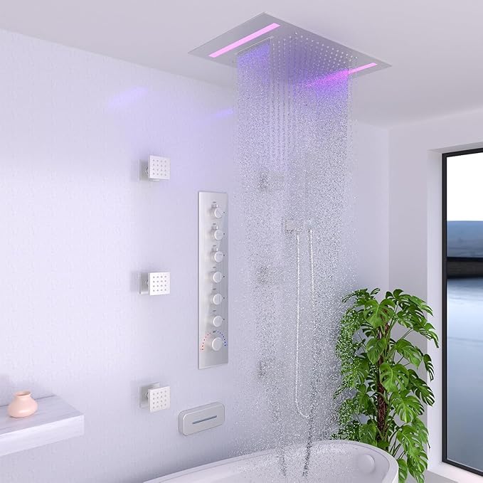 HOMEDEC 14x20" LED Ceiling Shower Head with Rainfall Waterfall Mist Spray, 3 Modes Can Operate Simultaneously or Independently, Brushed Nickel