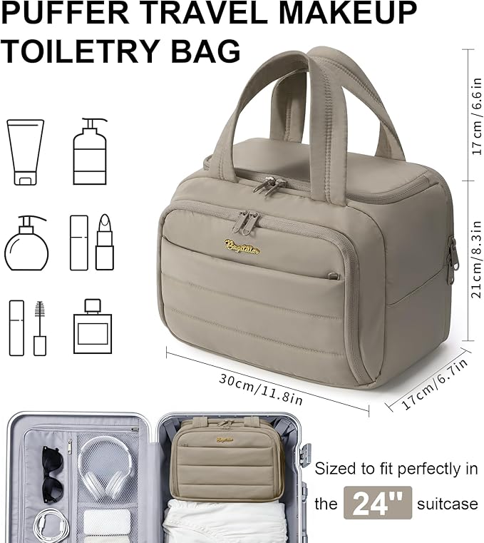 Bagstellar Travel Toiletry Bag, Lightweight Wide-open Large Puffy Toiletry Bag for Women, Quilted Makeup Bag Organizer Water-resistant Cosmetic Bag with Handle for Toiletries, Essentials, Accessories