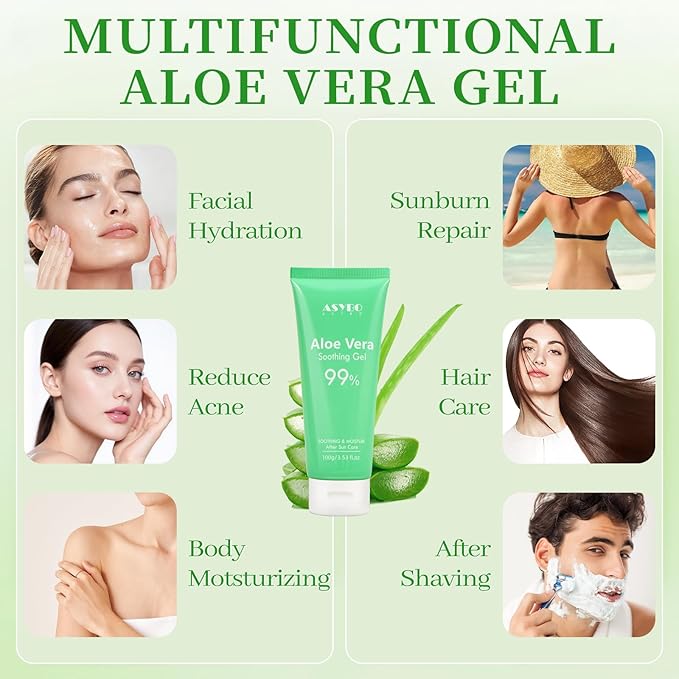 ASYBO 100x2 ML Aloe Vera Gel – 99% Organic Pure Aloe Vera Hydrating Face & Body Moisturizer, Natural Aloe Cream for Dry Skin, Sunburn, Acne, Soothing & Moisturizing for Face Body Hair