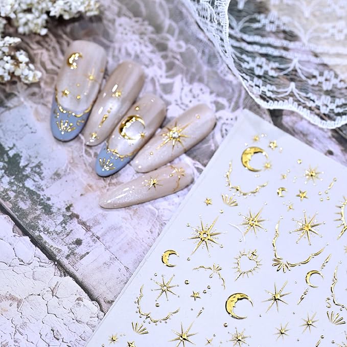 Gold 5D Embossed Nail Stickers Star Nail Stickers for Nail Art with Moon Heart Design Nail Art Stickers Self-Adhesive Gold Nail Decals for Women Manicure Supplies