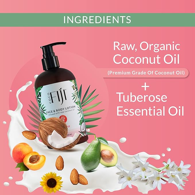 Coco Fiji Face & Body Lotion Infused With Coconut Oil | Lotion for Dry Skin | Moisturizer Face Cream & Massage Lotion for Women & Men | Tuberose 12 oz, Pack of 1