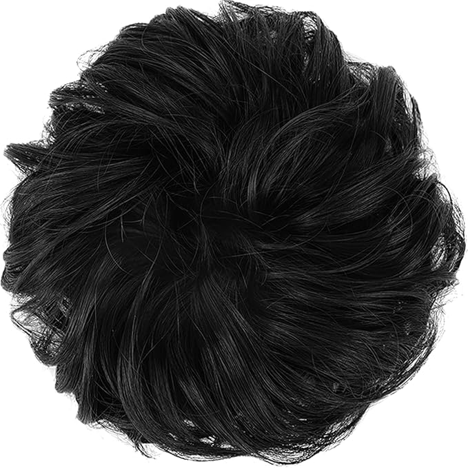 FESHFEN Messy Bun Hair Piece - Wavy Synthetic Chignon Scrunchies for Instant Volume, Elastic Bun Ponytail Hair Extensions Thick Hairpieces for Women, Natural Black 1.50 oz