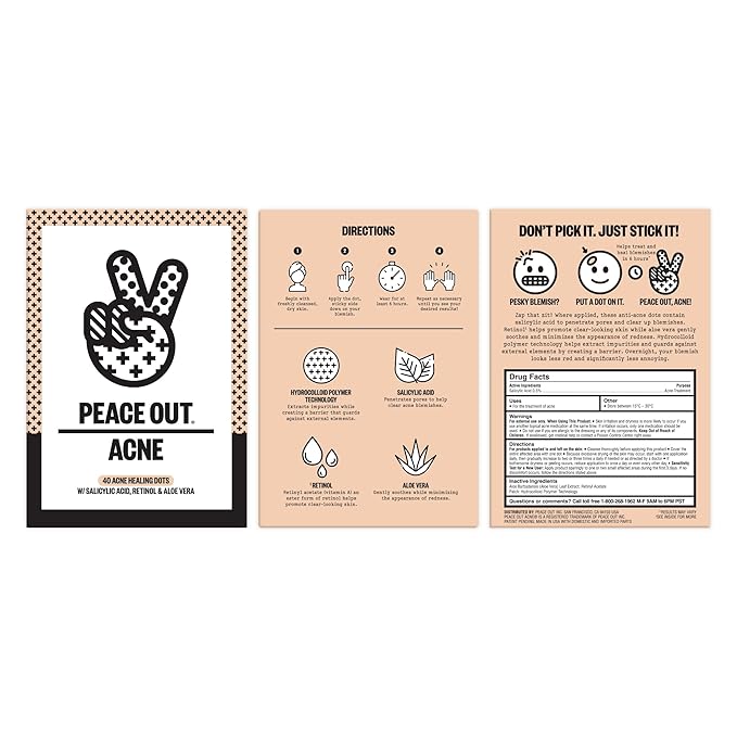 PEACE OUT Acne Healing Dots Hydrocolloid Pimple Patches, Acne Spot Treatment with Salicylic Acid, Retinol, and Aloe Vera for Blemishes and Breakouts, 40 Count