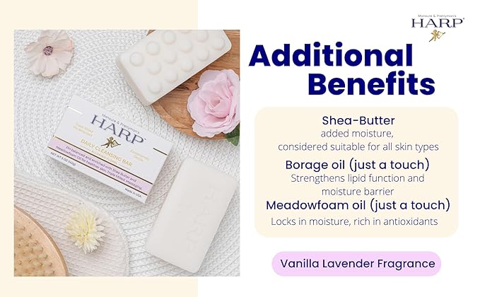 HARP® Vanilla Lavender Body Wash Bar – pH Balanced (5.0–6.0) Syndet Cleanser, Soap-Free & No Lye, Non-Comedogenic, Gentle for Sensitive & Dry Skin, With Shea Butter & Borage Oil. 5oz Bar.