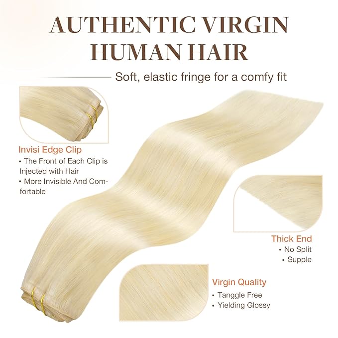 GOO GOO Invisi Edge Clip in Hair Extensions 22inch 140g 7Pcs Injected Seamless PU Clip in Hair Extensions, Virgin Real Human Hair, 60A Platinum Blonde