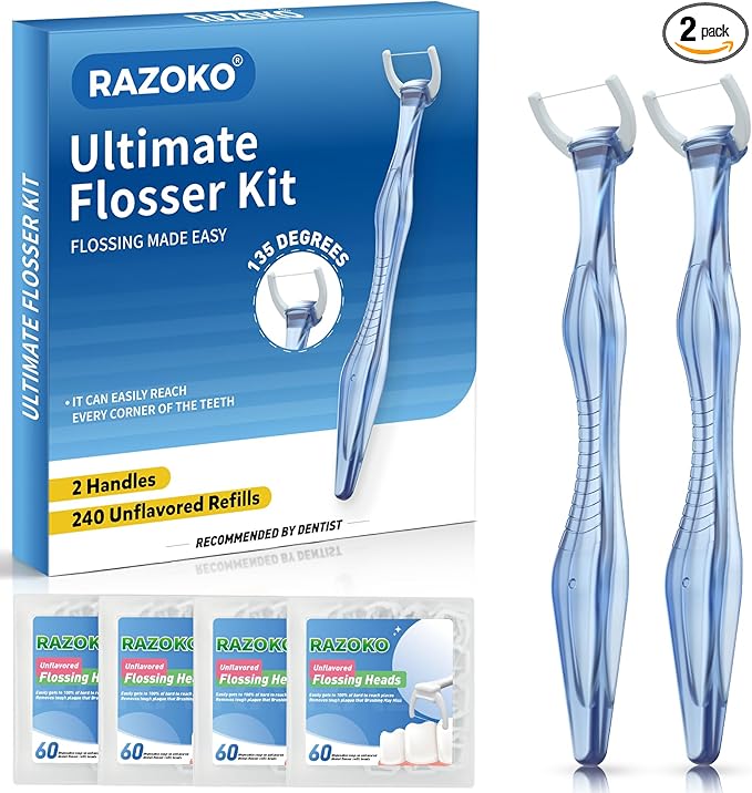 RAZOKO Dental Flosser Kit, Extra Strong Shred-Resistant Floss, 135 Degrees for Hard-to-Reach Areas, PTFE & PFAS Free, 2 Handles + 240 Refill Heads