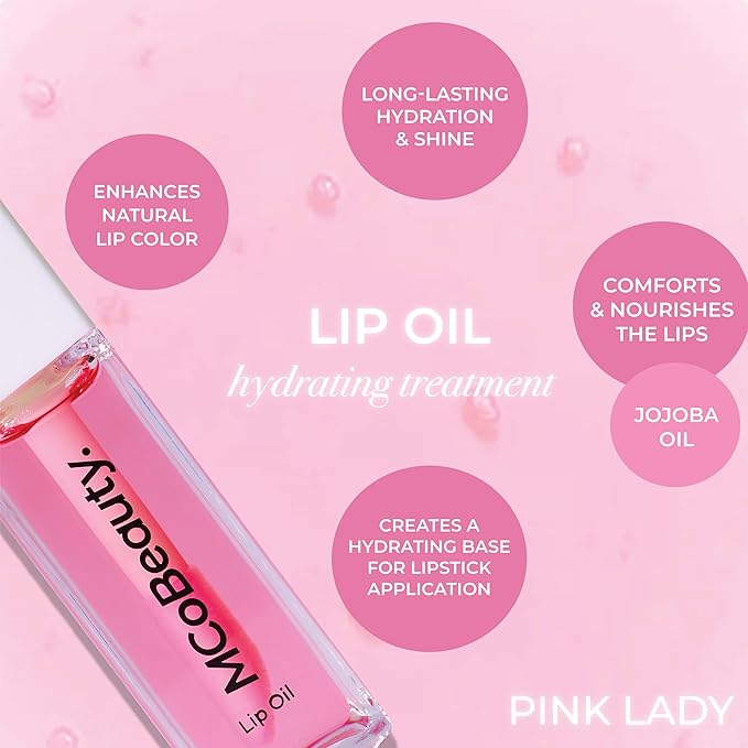 MCoBeauty - Lip Oil Hydrating Treatment - Sheer Pink - Moisturizing Jojoba Oil Lip Gloss - Juicy High-Shine Tinted Lip Glaze for Dry Lips with Doe-Foot Applicator - Cruelty Free Lip Care