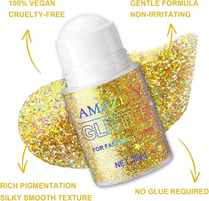 Roll-on Holographic Body Glitter Gel for Face and Hair, Chameleon Color Changing Glitter Gel Under Light, Chunky Mermaid Sequins Shimmer Makeup for Halloween Party Rave Accessories (Gold)