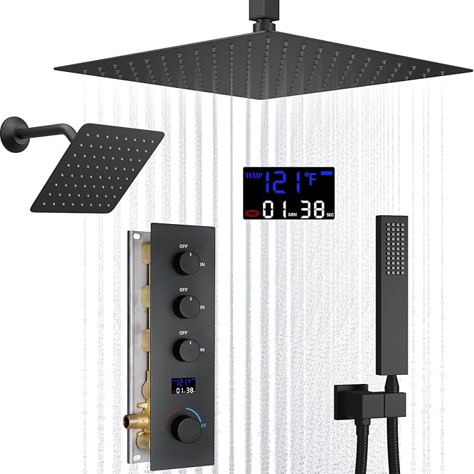 AYIVG Matte Black Bathroom Temperature Display Shower Faucet Set Thermostatic Rainfall Shower System 12 Inch And 8 Inch Dual Square Shower Head System Ceiling Mount With Handled Spray