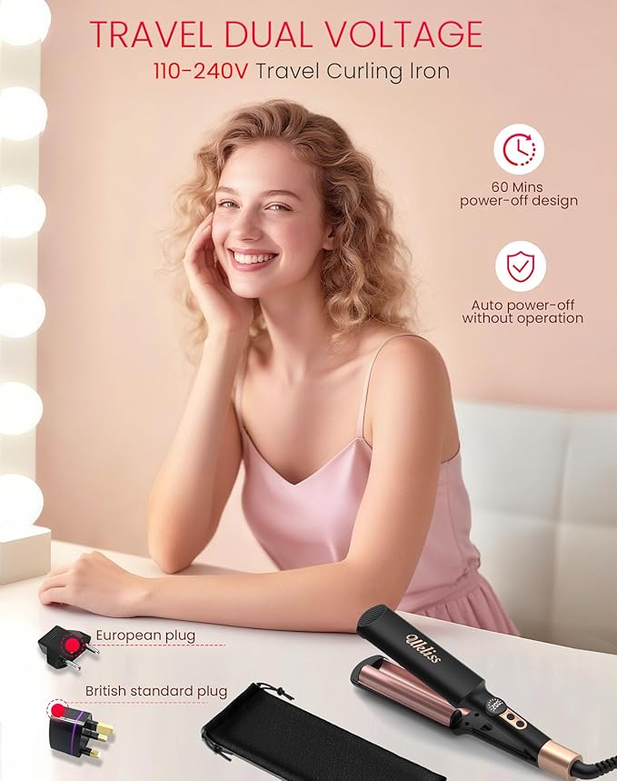 Mini Waver Hair Tool Crimper for Women Short Hair 0.4 inch Travel Double Barrel Small S Waver Ceramic Curling Iron (110-240V) Dual Voltage with 5 Temps, Anti-scalding (Black with EU/UK Plug Adapter)