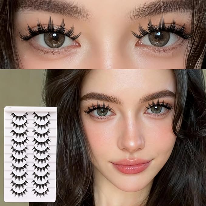 Veleasha Eyelashes Manga Lashes Spiky False Lashes 11mm Short Flase Lashes C Curl Fake Lashes Anime Fake Eyelashes Soft Lightweight False Eyelashes Cosplay Lash Strips 10 Pairs Pack (Dewy)