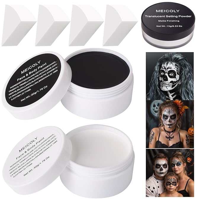 MEICOLY 7Pcs Halloween Makeup Kit,Black White Face Paint Clown White Makeup with Setting Powder,Classic Pro Oil Based Face Body Paint for Unisex Adult, SFX Joker Zombie Vampire Skull Skeleton Makeup