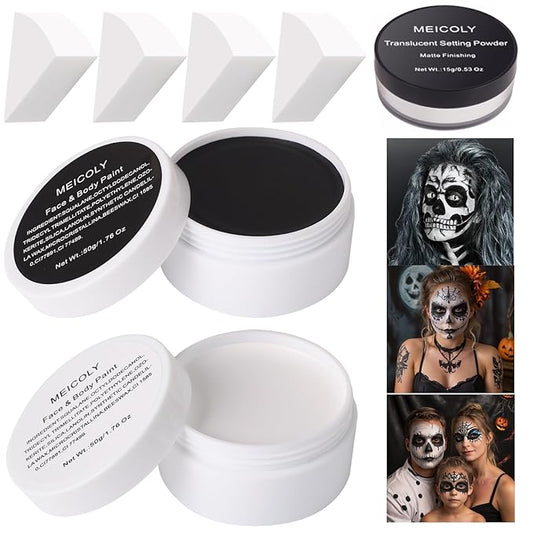 MEICOLY 7Pcs Halloween Makeup Kit,Black White Face Paint Clown White Makeup with Setting Powder,Classic Pro Oil Based Face Body Paint for Unisex Adult, SFX Joker Zombie Vampire Skull Skeleton Makeup