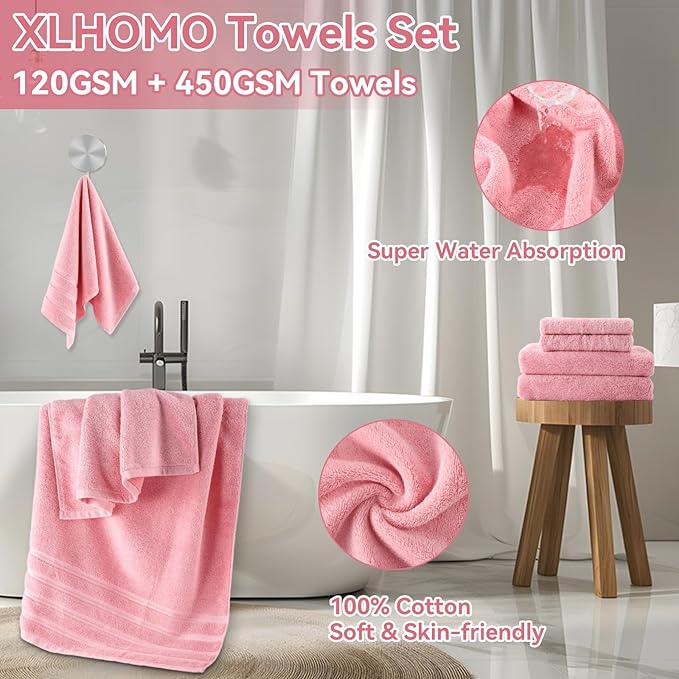 XLHOMO Pink Bathroom Accessories, 24 Pieces Pink and Gold Bathroom Accessories Set with Shower Curtain, Bath Towels, Trash Can, Soap Dispenser and Soap Dish for Bathroom/Housewarming