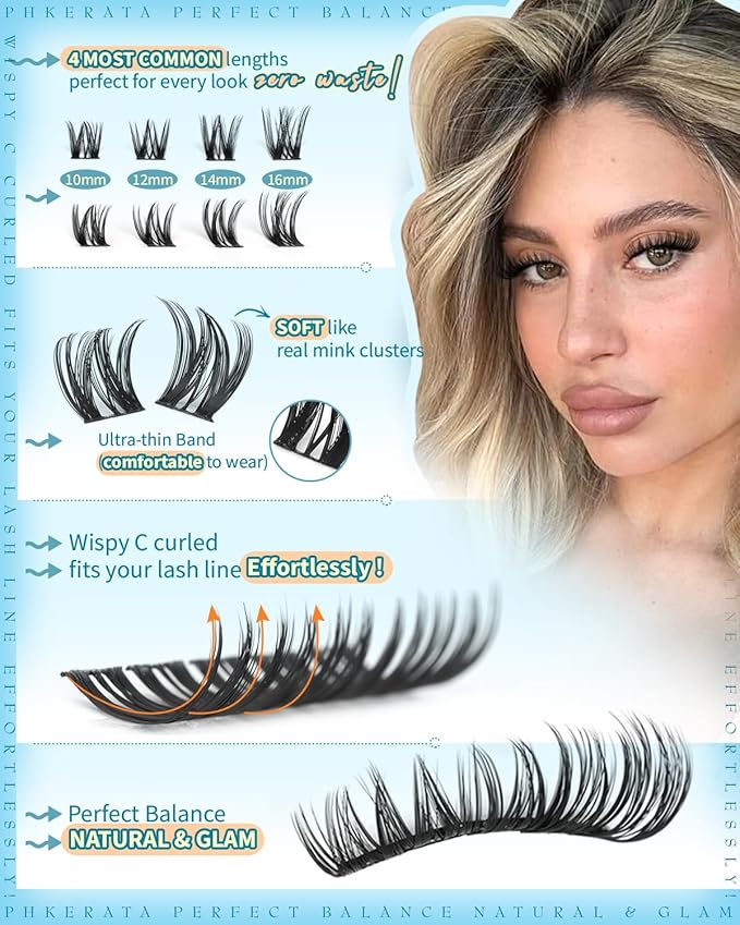 Flora Lash Clusters Wispy Eyelash Clusters 162pcs Natural Cluster Eyelash Extensions Ultra-thin Band Cluster Lashes C Curve Lash Extension DIY Soft Individual Lashes, 10-16mm