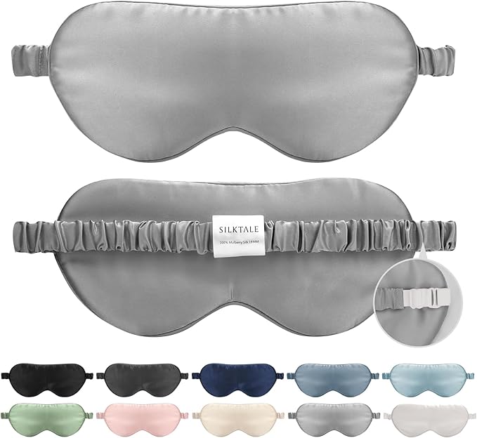 SILKTALE 100% Mulberry Silk Eye Mask for Sleeping with Silk Wrapped Adjustable Strap,Silver Gray
