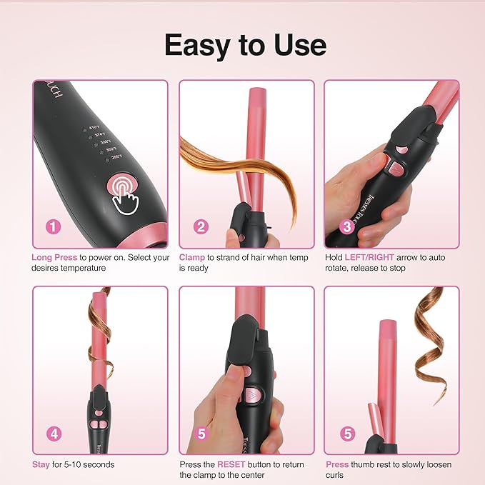 Rotating Curling Iron 1 Inch, Automatic Extra-Long Barrel Curling Iron with 30s Fast Heating for Beginners Long Hair Lasting Waves, Adjustable Temperature, Universal Voltage for Travel, Rose Gold