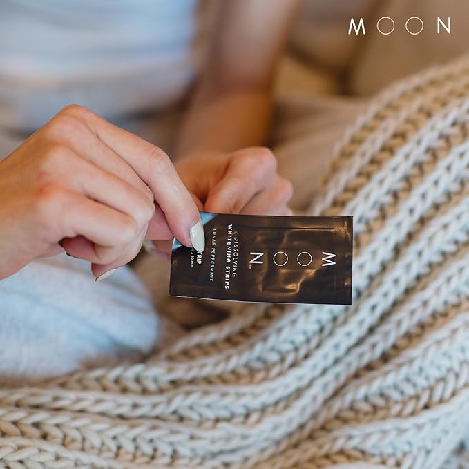 MOON Dissolving Teeth Whitening Strips, 56 No Rinse White Strips, Peppermint, Hydrogen Peroxide & Essential Oils, Whiten Sensitive Teeth up to 7 Shades in 2 Weeks, Travel Essentials, Vegan Oral Care