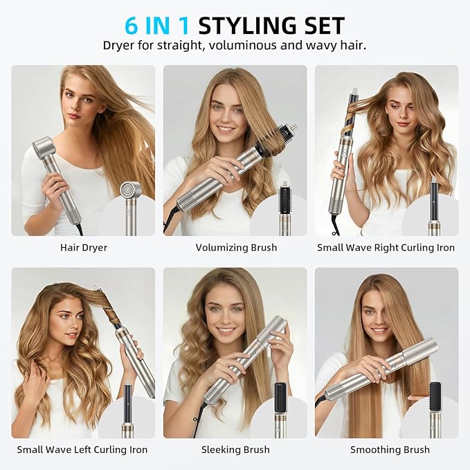 6-in-1 Hair Styler, Hair Dryer, Multi-Function Hot Air Brush Set, Ionic Blow Dryer with Interchangeable Attachments for Curling, Straightening, Volumizing, Gift for Women(Champagne Gold)