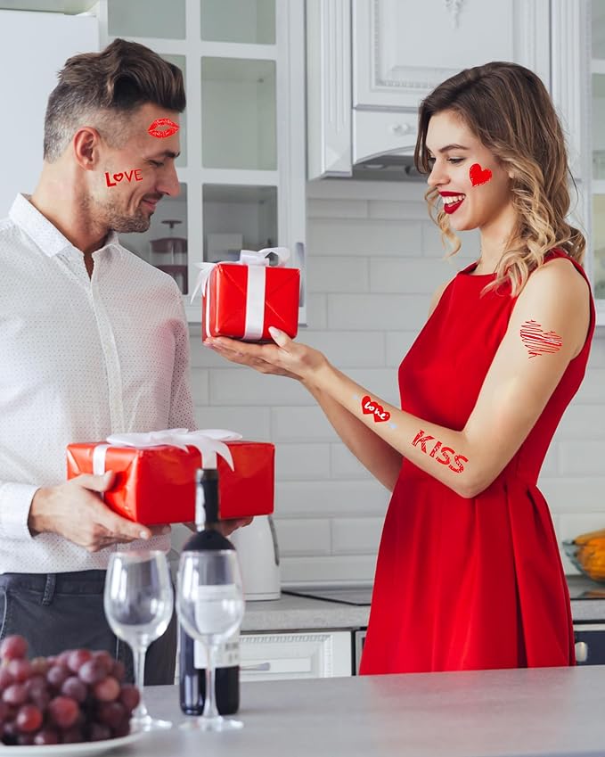 Temporary Tattoos for Lover, 12 Sheets Love Heart Tattoos for Valentines Day Decorations Classroom Girls Boys School Class Bday, 113pcs Pattern for Festivals and Parties (Red - Love)