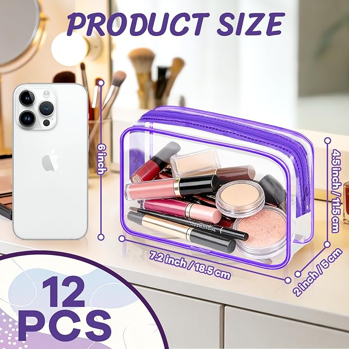 Eilyliafe Clear Cosmetic Bag Transparent Makeup Bag for Women Men Waterproof Travel Makeup Clear Toiletry Organizer Cosmetic Storage Pouch Case with Zipper (12, Purple, Medium)