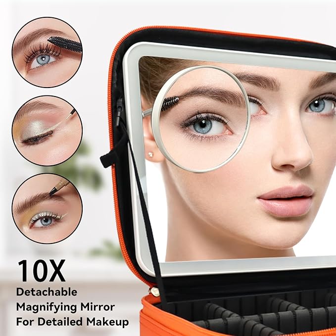 SLUMAZI Travel Makeup Bag with LED Mirror and 10x magnifying glass with 3 Lighted Settings, Adjustable Dividers and Makeup Brush Storage Bag Orange