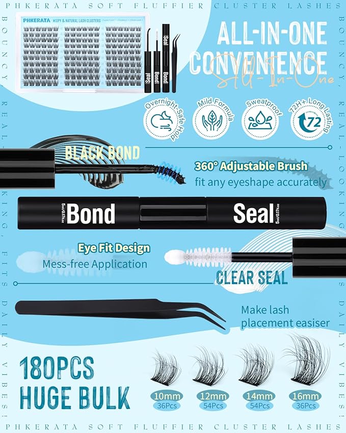 Lash Clusters Kit Natural Eyelash Clusters Wispy Lash Extension Kit 180Pcs Cluster Eyelash Extensions Kit 10-16mm C Curly Individual Lashes Soft with Lash Bond and Seal, Lash Tweezers