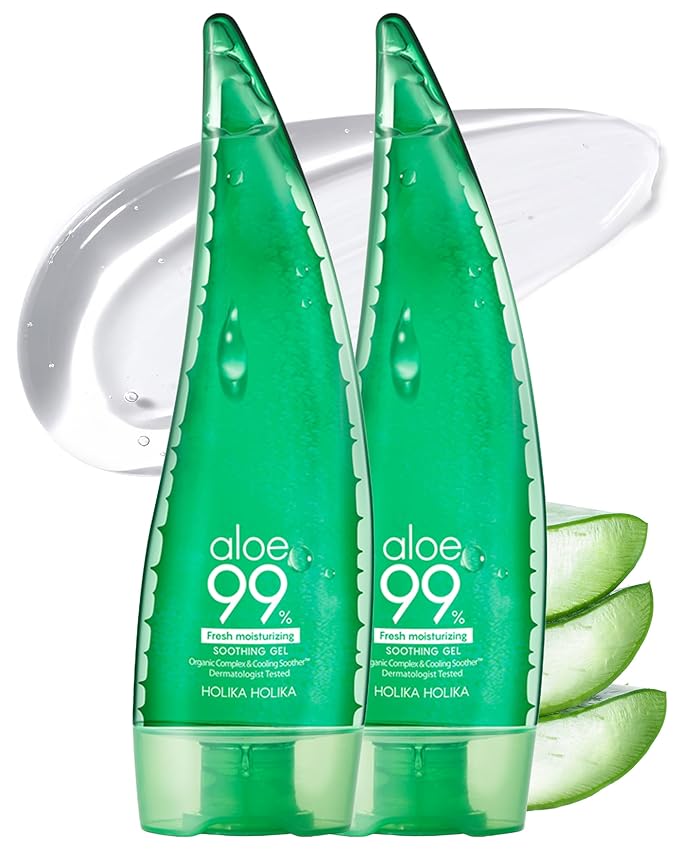 HOLIKA HOLIKA Aloe Fresh Moisture Soothing Gel 2 Pack - Face Body Moisturizer - Fermented Aloe and Cica - Hydrating Cooling Hypoallergenic Korean Skincare for Sensitive Sunburned Skin, 8.45oz