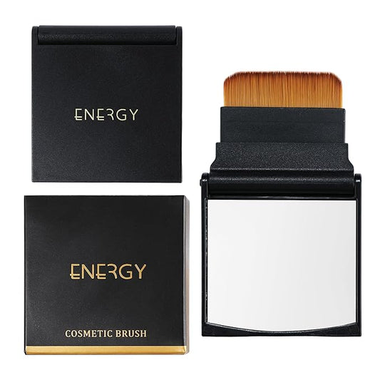 ENERGY Kabuki Brush Flat 2PCS Portable Folding Case with Mirror – Travel Makeup Brush for Foundation, Powder & Contour, Compact Mini Cosmetic Tool with Magnetic Closure Vegan for Purse or Travel Bag