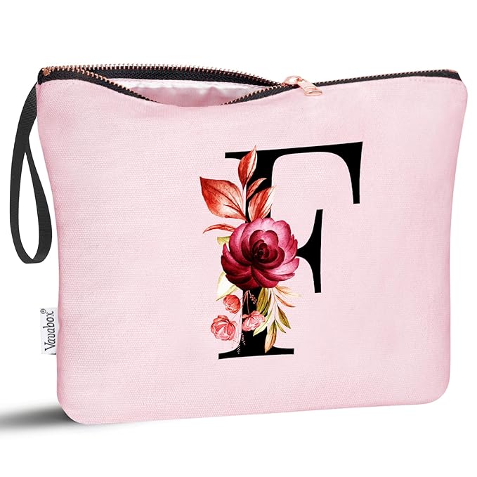Vavabox A-Z Personalized Makeup Bag, Birthday Gifts for Women Mom, Gifts for Best Friend, Bride Bridesmaid Cosmetic bag (F, Pink)