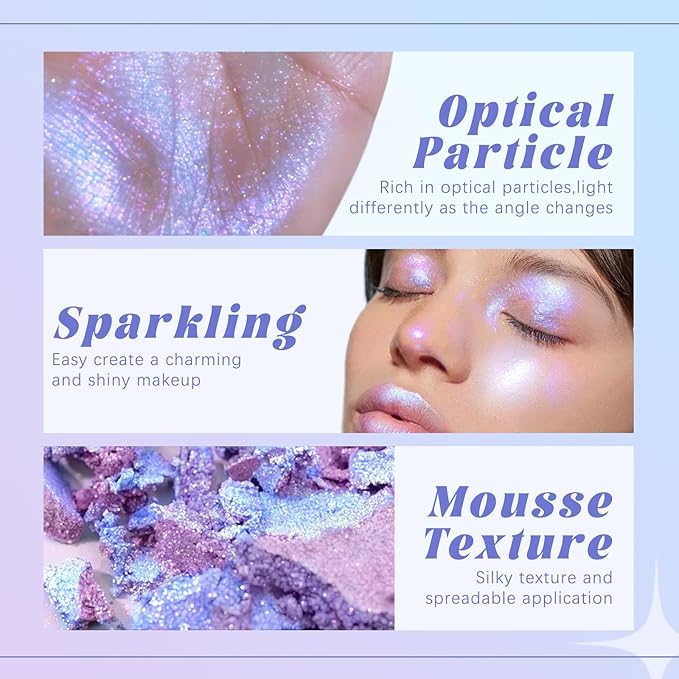 Holographic Duochrome Purple Blue Eyeshadow&Highlighter Palette, Color Shift Glitter Iridescent Cream Highlighter, Smooth Long Lasting Sparkling Eyeshadow Mermaid Facial Illuminator Makeup#04