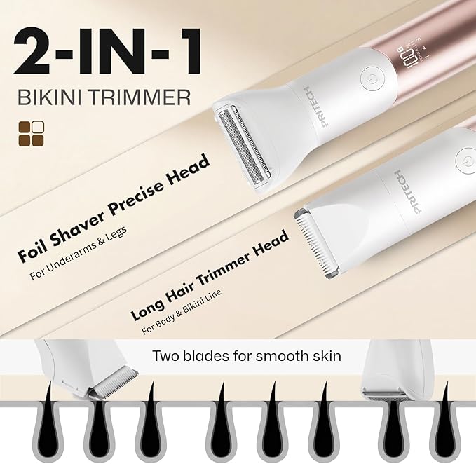 PRITECH Bikini Trimmer for Women, 2-in-1 Rechargeable Electric Razors for Women, Waterproof Pubic Hair Trimmer Women for Pubic Bikini Hair, Legs, Arms, Underarms, with Travel Lock, Champagne