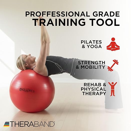 TheraBand - 23025 Exercise Ball, Professional Series Stability Ball with 55 cm Diameter for Athletes 5'1" to 5'6" Tall, Slow Deflate Fitness Ball for Improved Posture, Balance, Yoga, Pilates, Core, Red