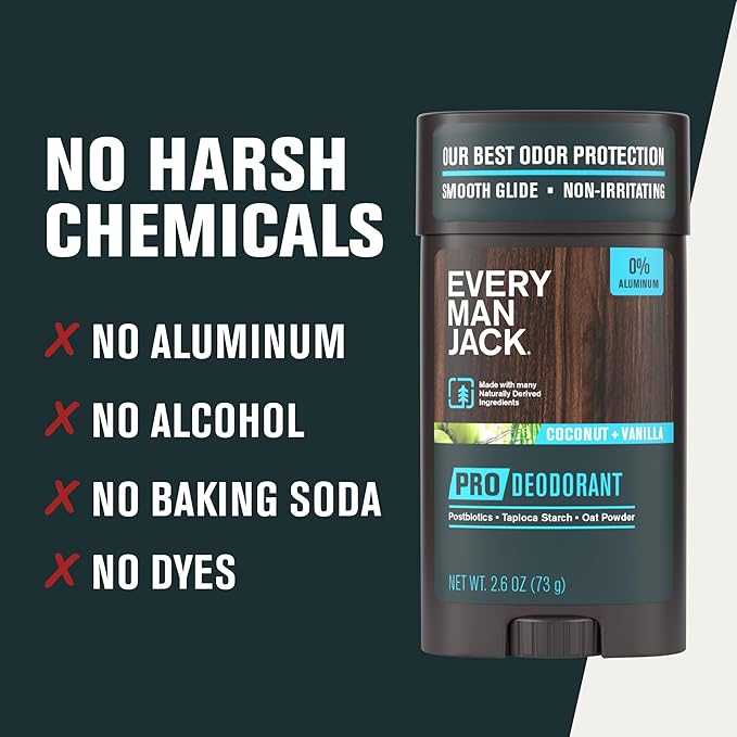 Every Man Jack Men's Pro Deodorant - 48-Hour Odor Defense Blend - Aluminum Free - Contains Postbiotics, Tapioca Starch & Oat Powder - Coconut + Vanilla Scent - 2.6 oz - 1 Pack