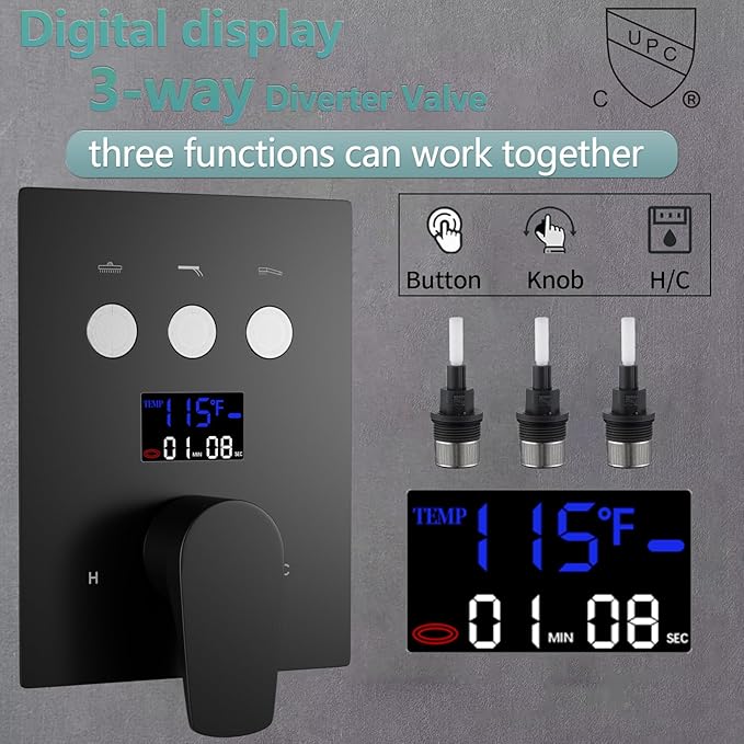 HONGTONGSOWER Bathroom Rainfall Shower System Wall Mount 8 Inch Shower Head With Handled Spray 6 Pcs jets Temperature Display Shower Faucet Set (Matte Black)