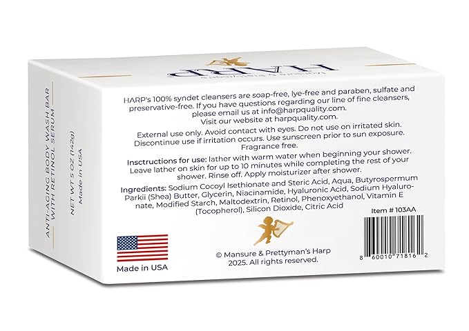 HARP® Anti-Aging Body Wash Bar with Retinol – pH Balanced Syndet Cleanser, FRAGRANCE FREE, Soap-Free & No Lye, Non-Comedogenic, With Niacinamide, Hyaluronic Acid & Vitamin E, 5 oz