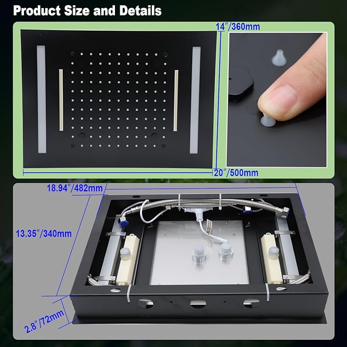 HOMEDEC 14x20" Full Body LED Shower Head, Multi-Function High-Pressure Rainfall Mist Waterfall, 3 Functions Can Be Used Together or Separately, Black