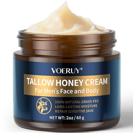 VOERUY Mens Face Moisturizer Cream - Anti Aging & Wrinkle for Men with Tallow Balm & Raw Honey, Natural Grass-Fed Tallow Moisturizer for Face, Facial Skin Care & Eye Lotion - Day & Night, 2oz/60g
