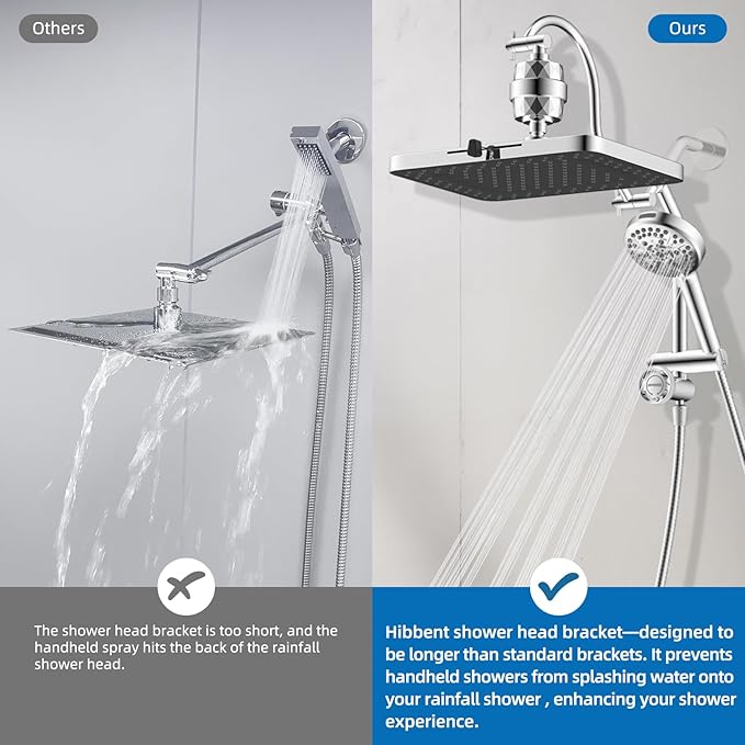 Hibbent 5-spray Dual Filtered Rainfall Shower Head Combo, High Pressure 13'' Showerhead with 10 Spray Mode Handheld, Easy Reach 4-way Diverter Shower Arm with Pause Mode, 71'' Hose and Holder, Chrome