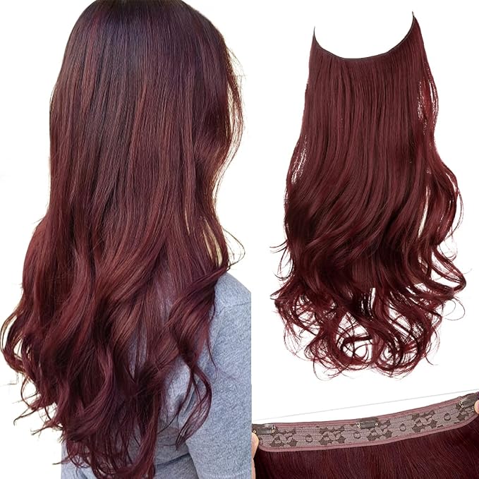 SARLA Burgundy Invisible Wire Hair Extensions with 3 Clips Synthetic Wavy Curly Hairpiece Adjustable Transparent Headband for Women 16 Inch Wine Red