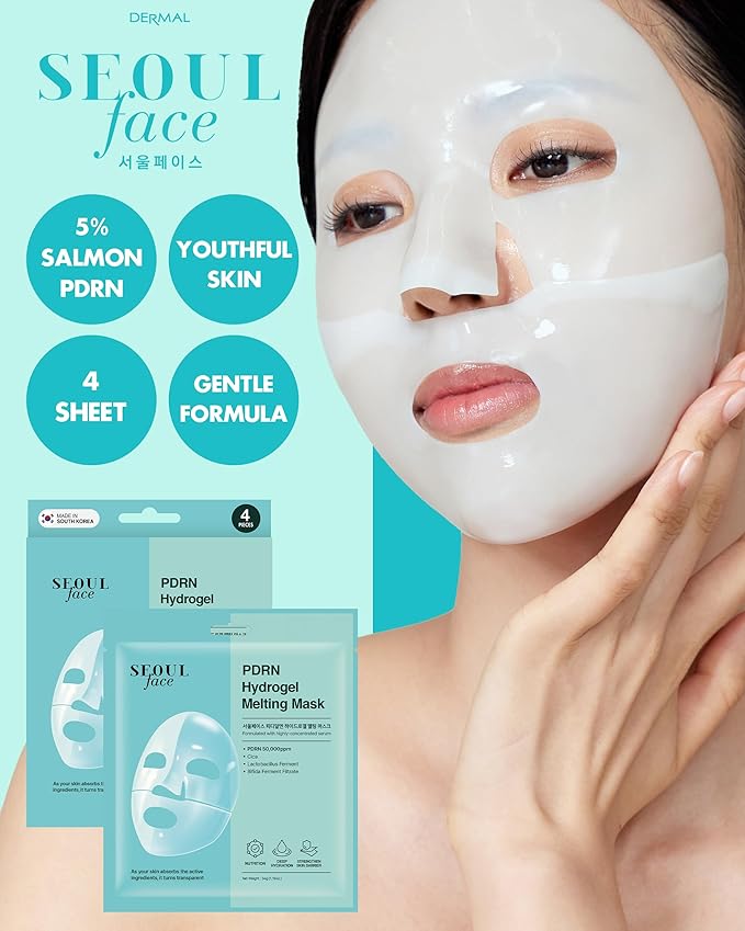 DERMAL Seoul Face PDRN Hydrogel Melting Mask (4 Pack) - 5% Salmon DNA Overnight Regeneration Facial Mask - Skin Barrier Repair & Calming Ritual with Cica & Probiotics - K-Beauty